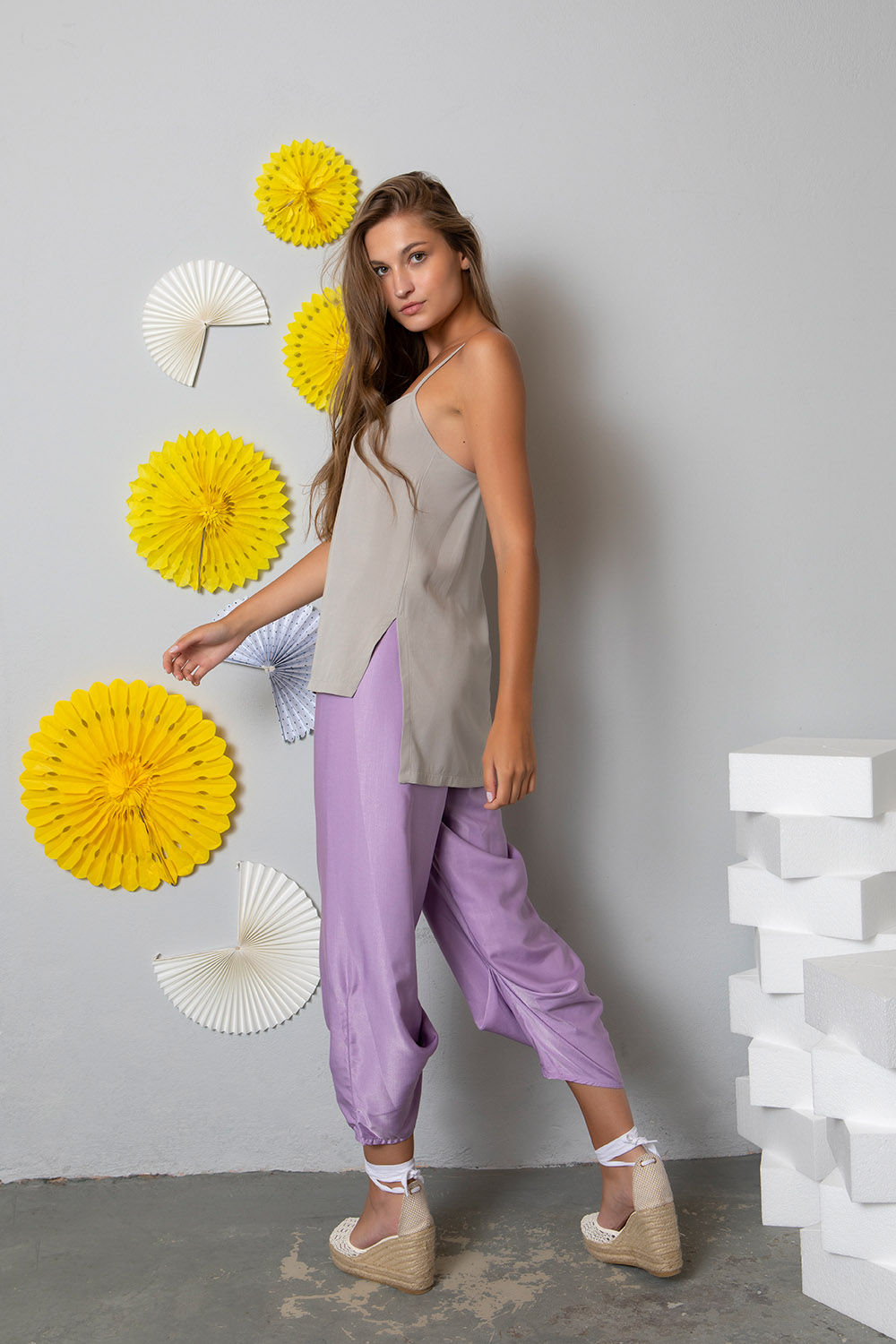 2 Design Pants With Elastic Waist Lavender 222433031